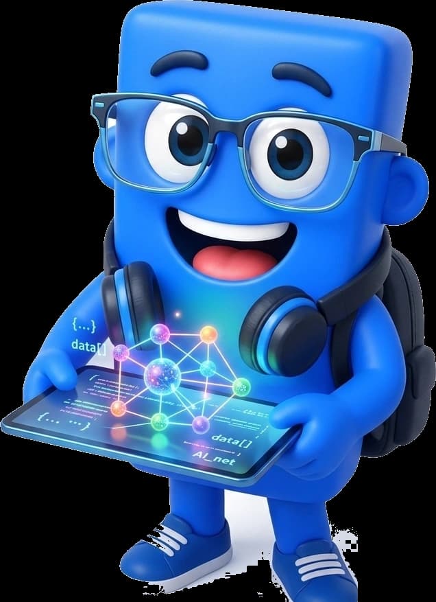 Mascote oficial Emprego TI com tablet de inteligência artificial e rede neural